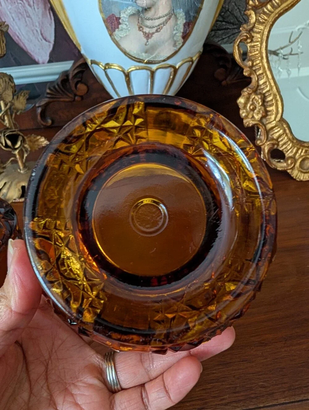 Vintage Indiana Glass Dark Amber Fairy Lamp, Stars and Bars, READ